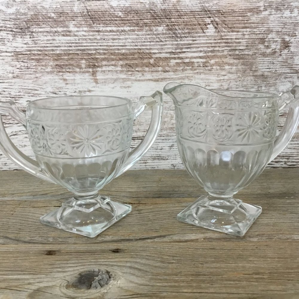 Vintage Indiana Clear Glass Daisy Pattern Footed Cream and Sugar
